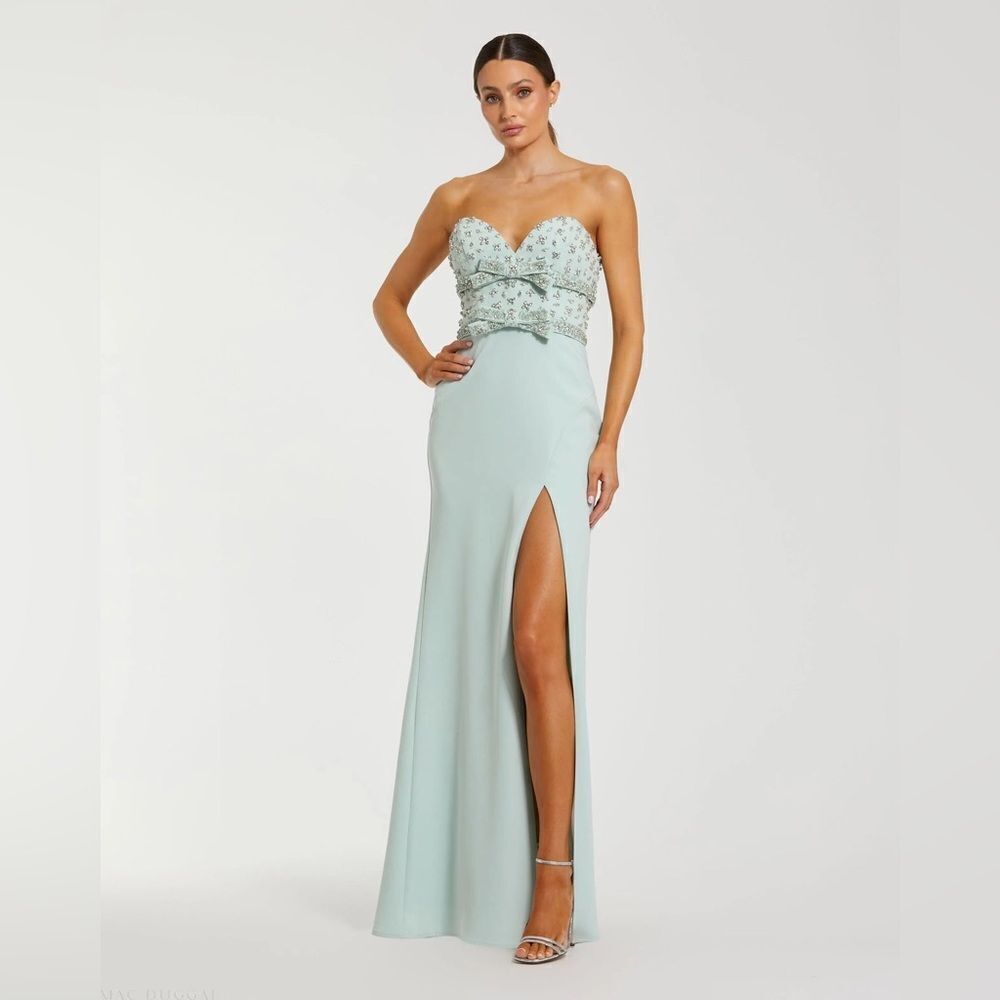 MAC DUGGAL 2285 Green Strapless Rhinestone Bodice Crepe Gown - Picture 2 of 13